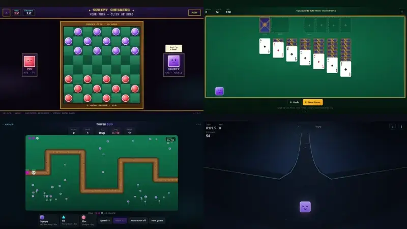 Collage of game screens from the Arcade, including checkers, solitaire and a tower defense map