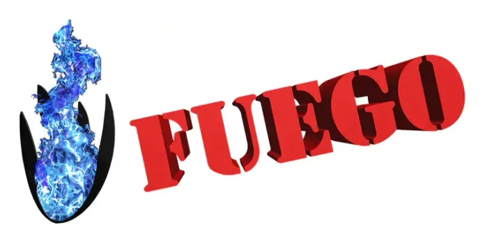 Fuego logo in heavy red block letters with a blue flame icon