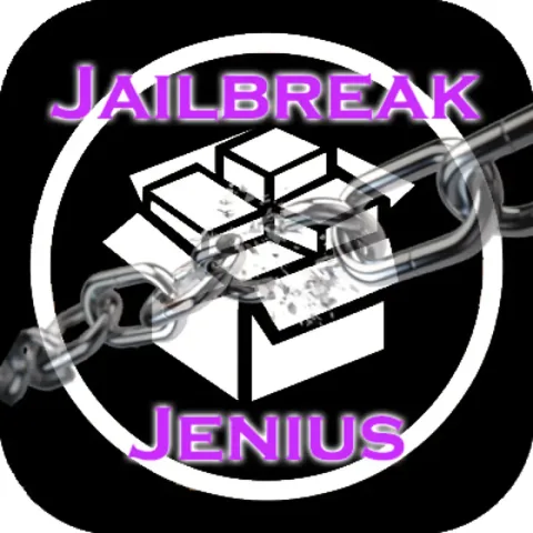 Circular Jailbreak Jenius badge showing a white box bursting out of metal chains on black