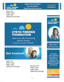 Three ad layouts for the Cystic Fibrosis Foundation: a wide blue banner, square ads and a tall skyscraper ad with a donate button