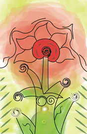 Art Nouveau poster with a red rose in the centre framed by flowing green leaves and golden swirling lines