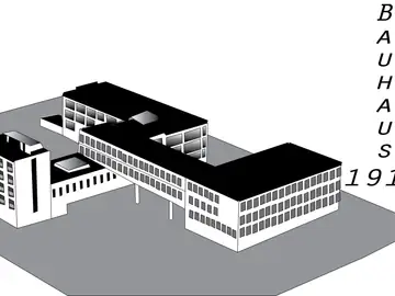 Black-and-white architectural illustration of a building complex labelled Bauhaus 1919