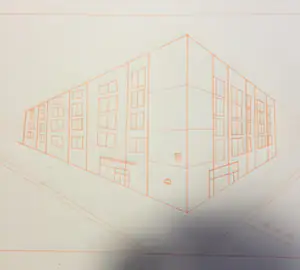 Perspective line drawing of a large building exterior in orange-red ink