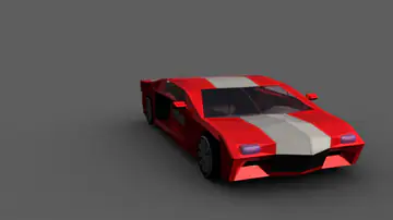 3D render of the red sports car with grey racing stripes seen from the front right
