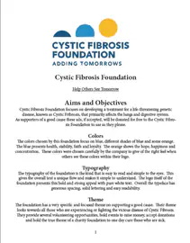 Document layout for the Cystic Fibrosis Foundation with its logo and sections on aims, colours, typography and theme