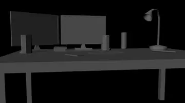 Grey shaded 3D render of a desk with two monitors, keyboard and speakers