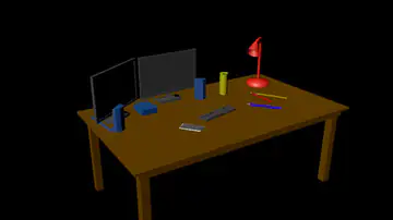 Full-colour 3D render of the desk setup with wood textures, monitors and a red desk lamp