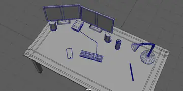 Wireframe 3D model of a computer desk with two monitors, keyboard, lamp and speakers