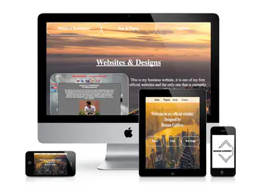Website shown on an iMac, two iPads and two iPhones, with a warm sunset background and the header Websites and Designs