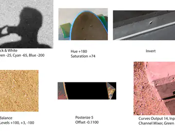 Process sheet showing a photo with Photoshop adjustments such as black and white, invert, posterize and curves