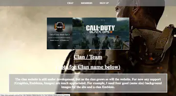 Gaming clan website mockup with a banner asking visitors to vote on a clan name and a note that the site is under development