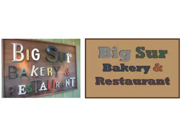 A weathered Big Sur Bakery and Restaurant sign beside a clean vector recreation of its lettering