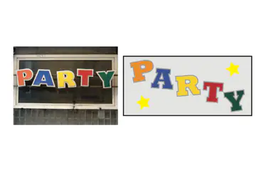 A photo of colourful letters spelling PARTY beside a clean vector recreation of the lettering