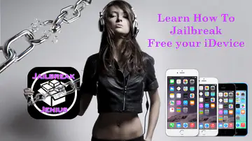 Promo banner with a woman in headphones, chains, two iPhones and the line Learn how to jailbreak, free your iDevice