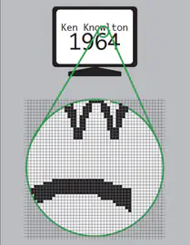 Illustration of a computer monitor reading Ken Knowlton 1964 with a green magnifying glass revealing a pixelated face