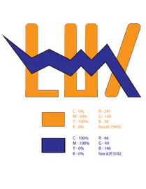 LUX logo in blocky orange letters with a jagged blue line through the middle, shown with colour swatches