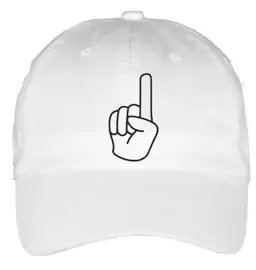 White baseball cap with a black line-art hand pointing one finger upward, the ONE WAY mark