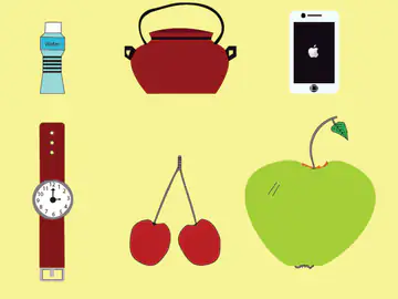 Set of flat vector icons: a water bottle, red teapot, smartphone, wristwatch, cherries and a green apple