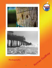Layout page titled Photography with two black-and-white landscape photos on an orange and yellow background