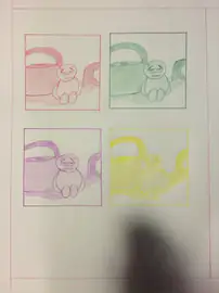Four copies of a monkey character illustration in green, yellow, light blue and purple