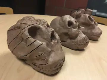 Three skull sculptures on a base seen from the left side