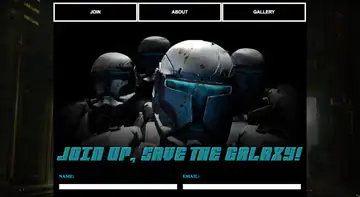 Dark fan-site layout with clone trooper imagery and the line Join up. Save the galaxy