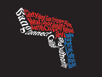 Word cloud arranged into a single silhouette in red, white and blue lettering on a dark background