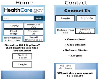 Side-by-side mobile website mockup of a home screen with large blue buttons and a contact form