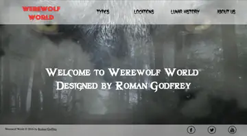 Dark website front with a snarling werewolf hero image and the text Designed by Roman Godfrey